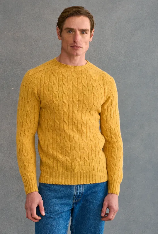 Yellow Lambswool Cable Knit Crew Neck Jumper sold by New & Lingwood