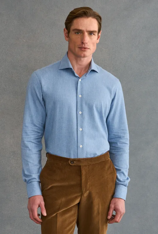 Light Blue Cutaway Collar Standard Fit Flannel Shirt made by New & Lingwood