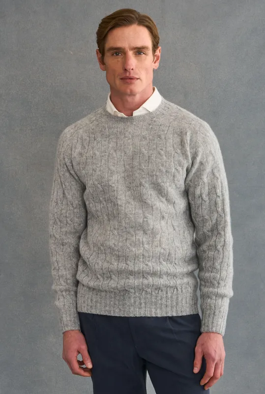 Silver Lambswool Cable Knit Crew Neck Jumper sold by New & Lingwood