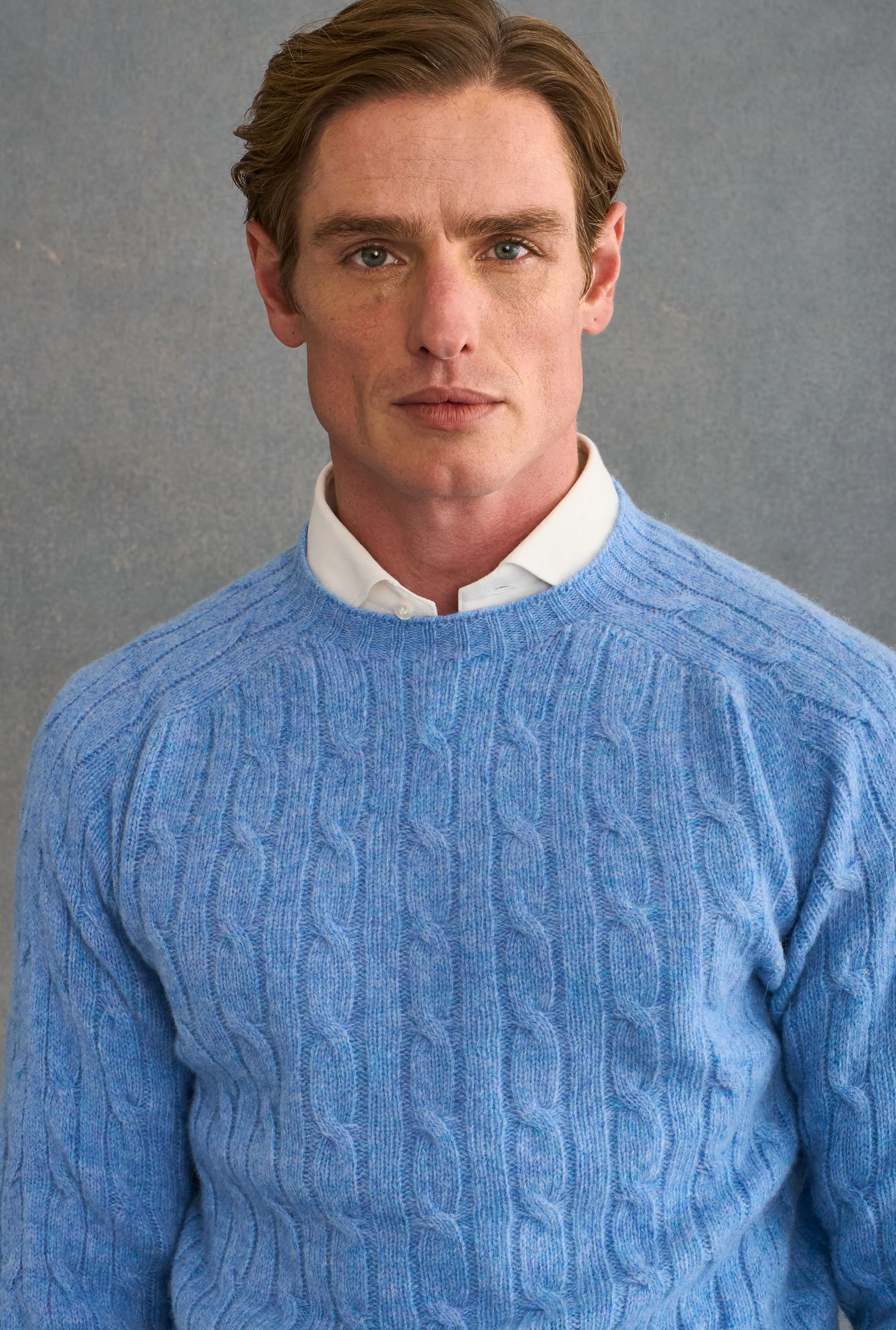 Light Blue Lambswool Cable Knit Crew Neck Jumper sold by New & Lingwood product image thumbnail 2