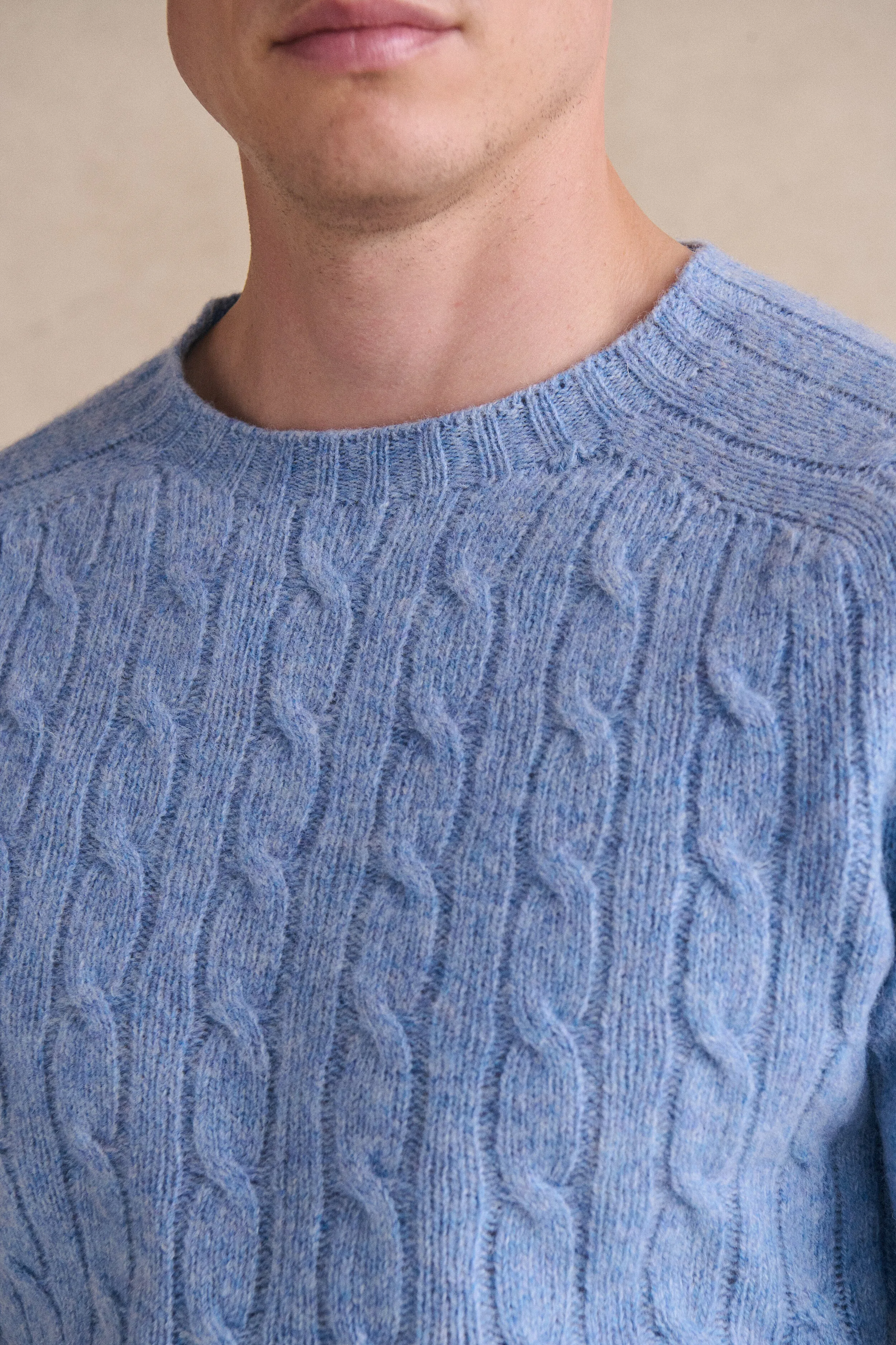 Light Blue Lambswool Cable Knit Crew Neck Jumper sold by New & Lingwood product image thumbnail 3
