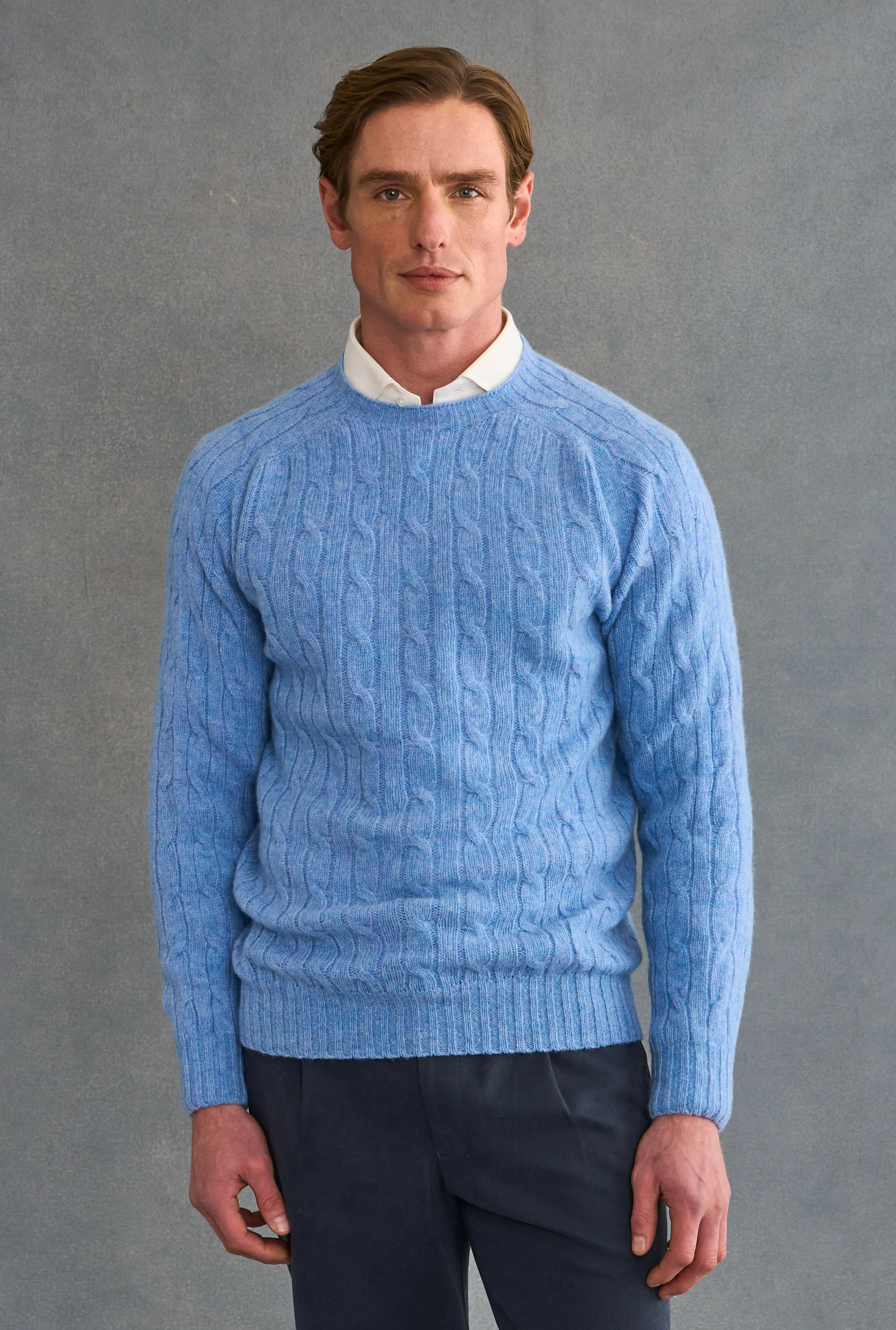 Light Blue Lambswool Cable Knit Crew Neck Jumper sold by New & Lingwood