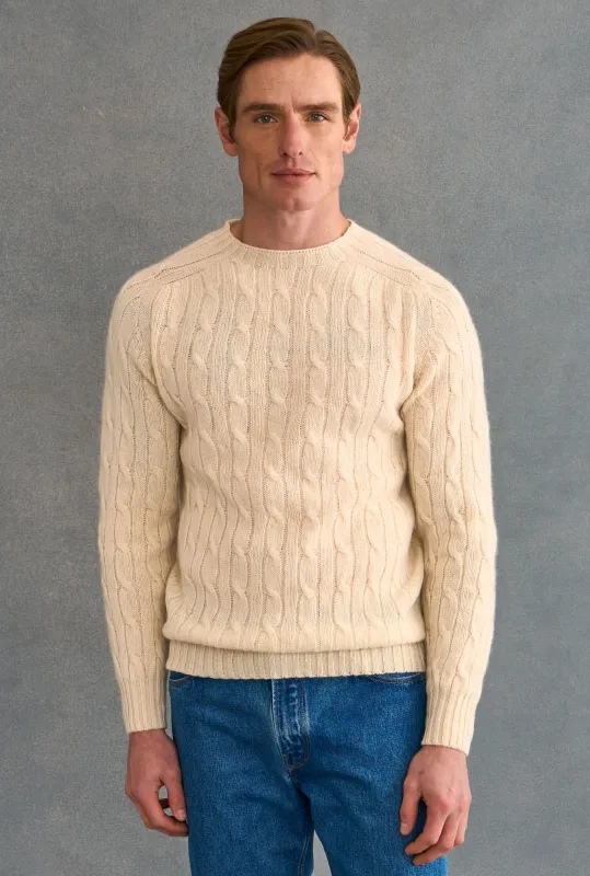 Cream Lambswool Cable Knit Crew Neck Jumper sold by New & Lingwood