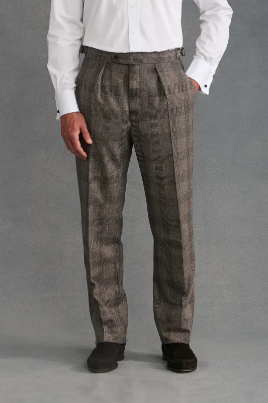 Brown Prince of Wales Check Single Pleat Flannel Suit Trousers sold by New & Lingwood