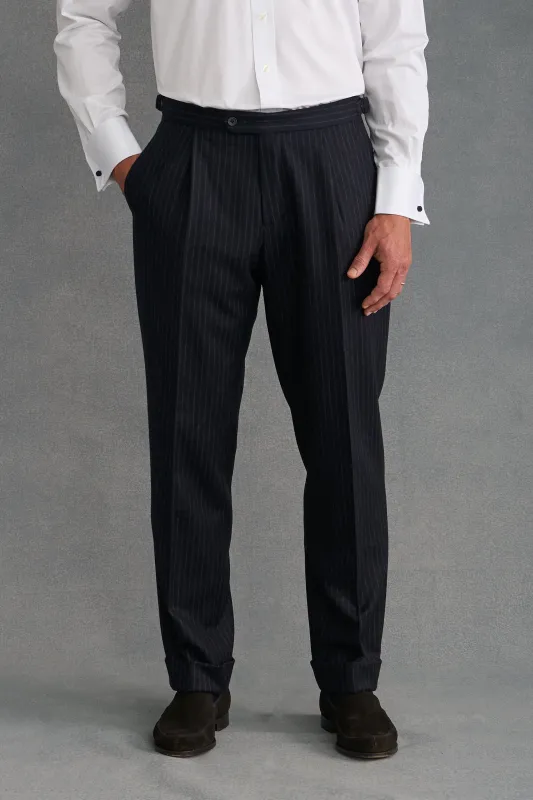 Navy Chalk Stripe Single Pleat Flannel Suit Trousers sold by New & Lingwood