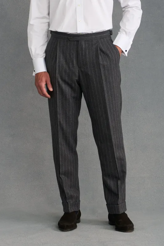 Grey Chalk Stripe Single Pleat Flannel Suit Trousers sold by New & Lingwood