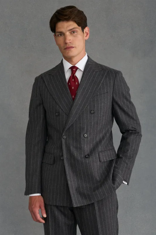 Grey Chalk Stripe Flannel Double Breasted Suit Jacket sold by New & Lingwood