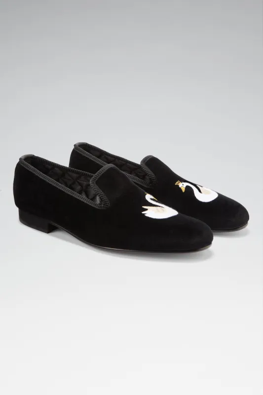 Black Swan Embroidered Velvet Slippers sold by New & Lingwood