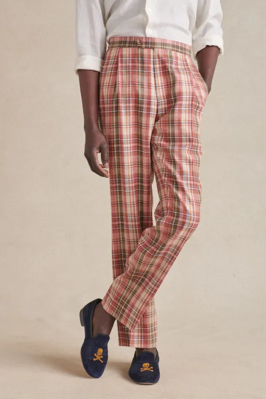Red Single Pleat Madras Check Linen Trousers sold by New & Lingwood