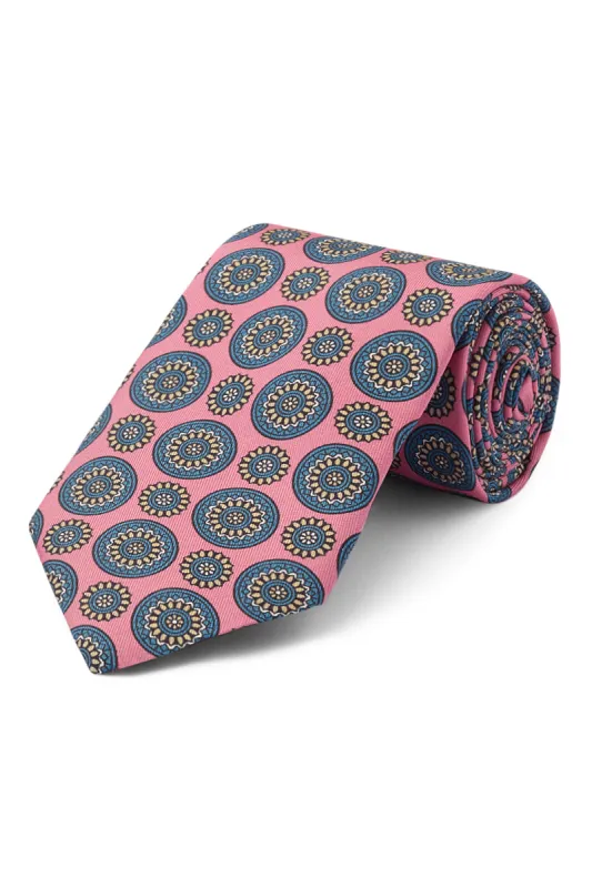Pink Floral Medallion Print Silk Tie sold by New & Lingwood