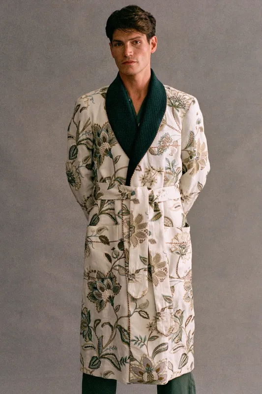 Cream Embroidered Floral Lined Dressing Gown sold by New & Lingwood