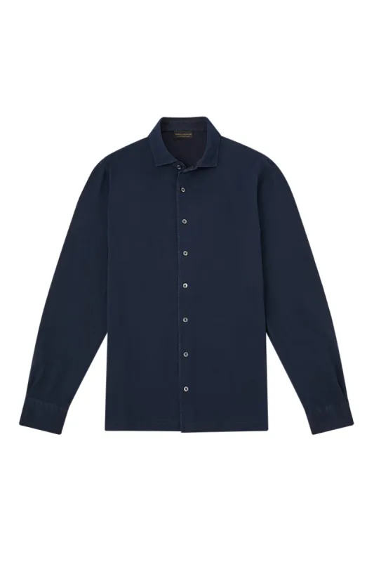 Navy Long Sleeve Piqué Cotton Shirt sold by New & Lingwood