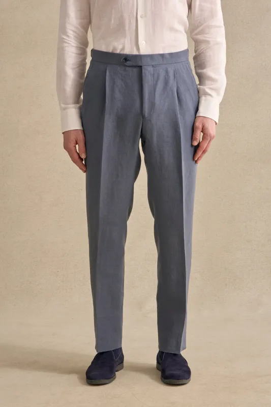Slate Blue Single Pleat Linen Trousers sold by New & Lingwood