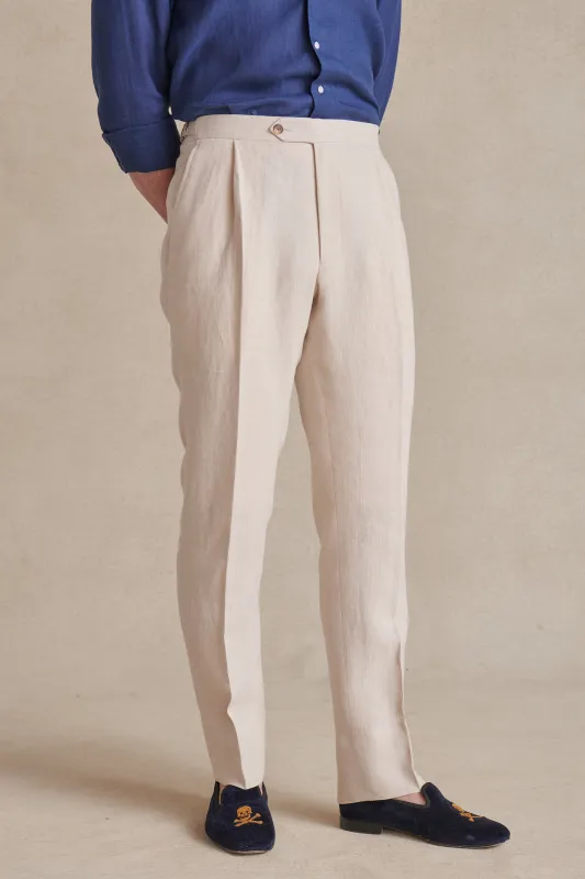 Cream Single Pleat Linen Trousers sold by New & Lingwood