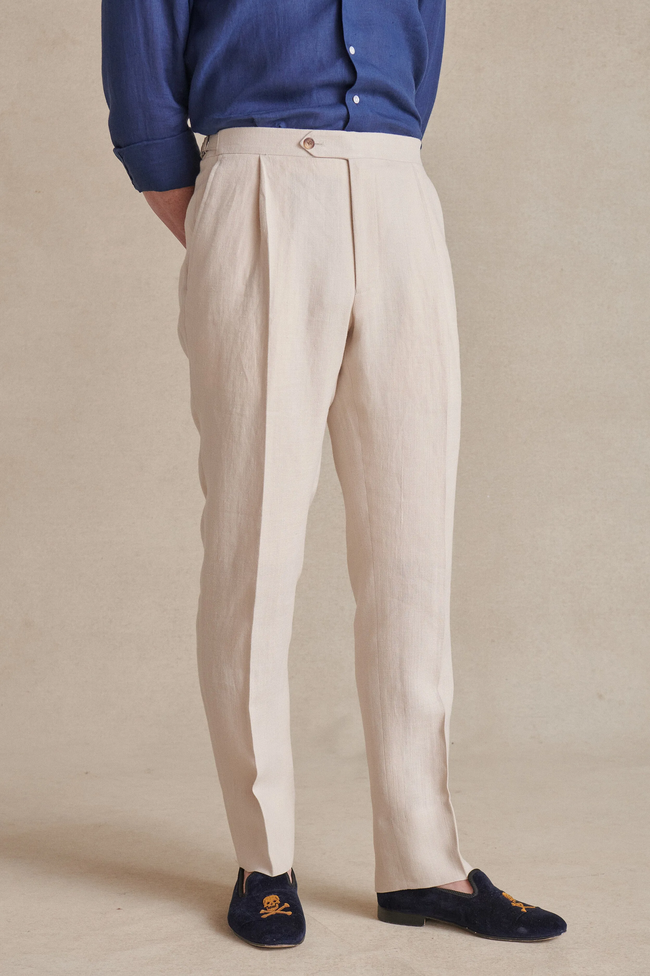 Cream Single Pleat Linen Trousers sold by New & Lingwood