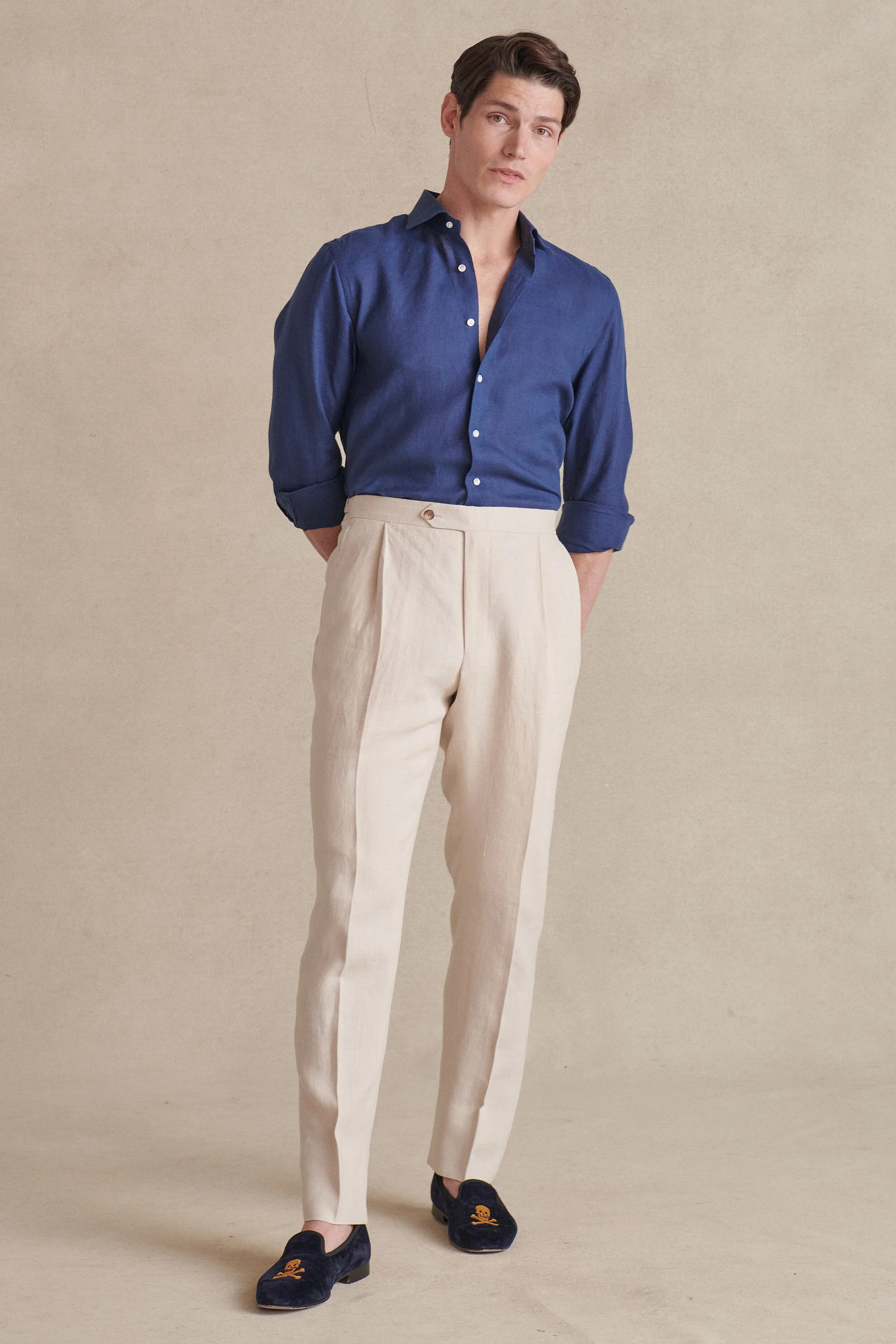 Cream Single Pleat Linen Trousers sold by New & Lingwood product image thumbnail 3