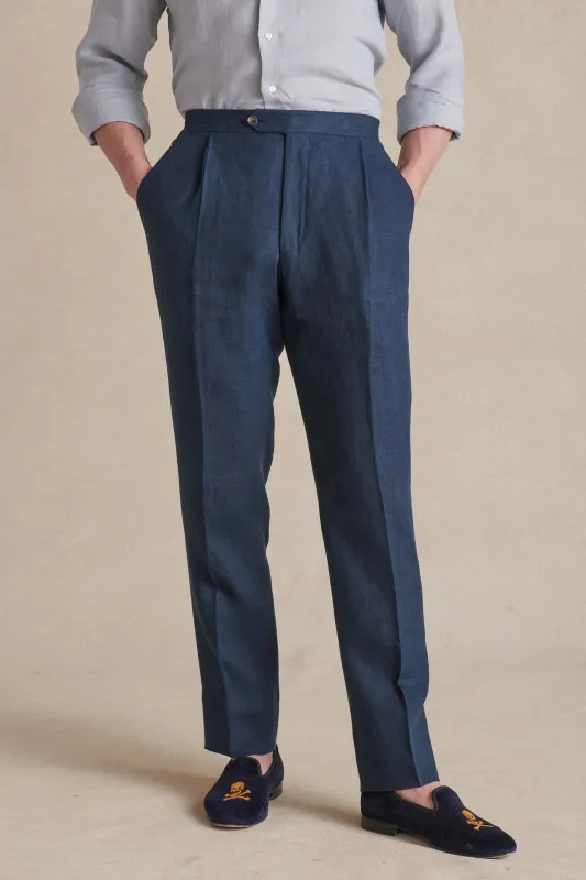 Navy Single Pleat Linen Trousers sold by New & Lingwood