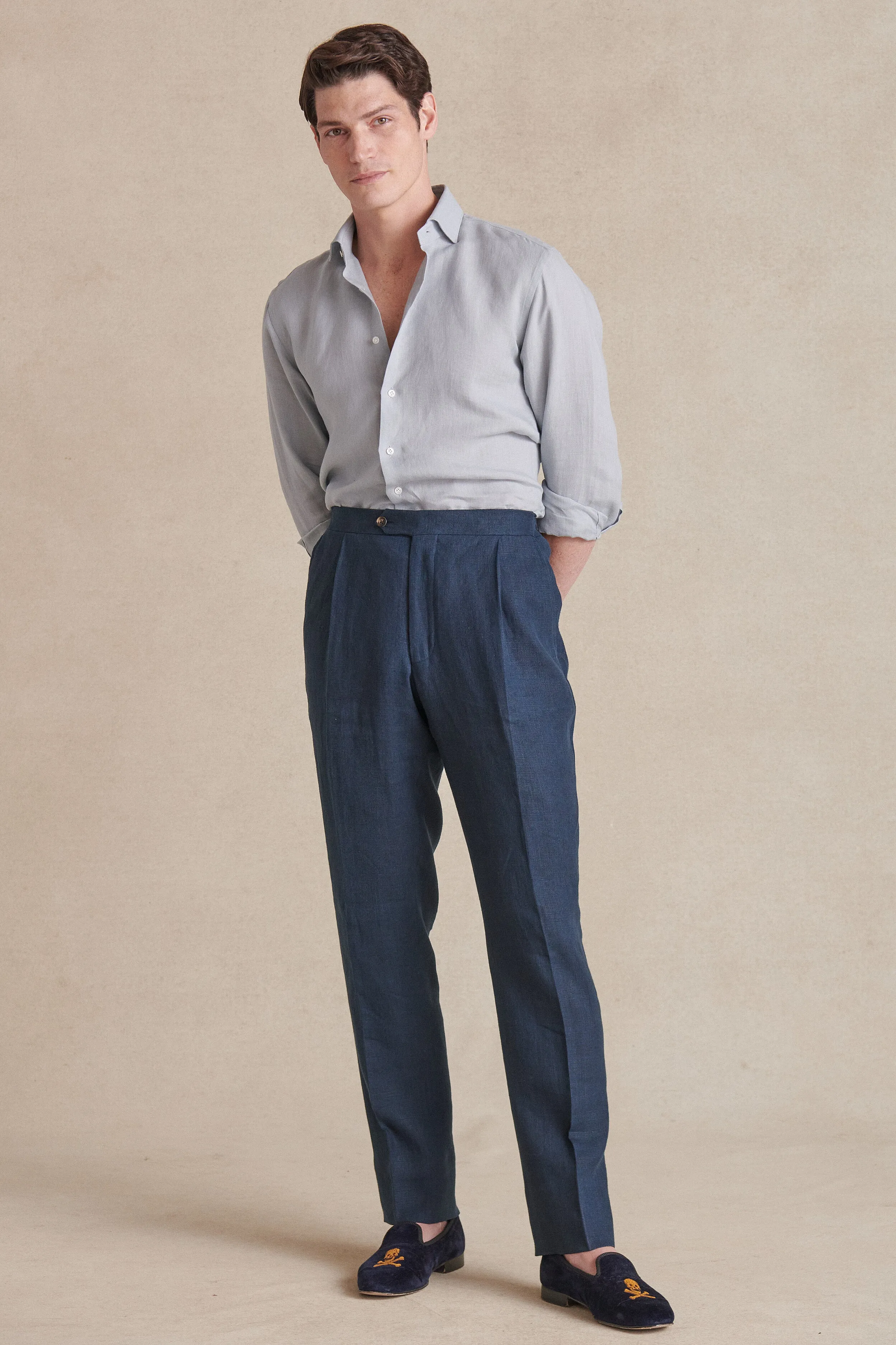 Navy Single Pleat Linen Trousers sold by New & Lingwood product image thumbnail 2