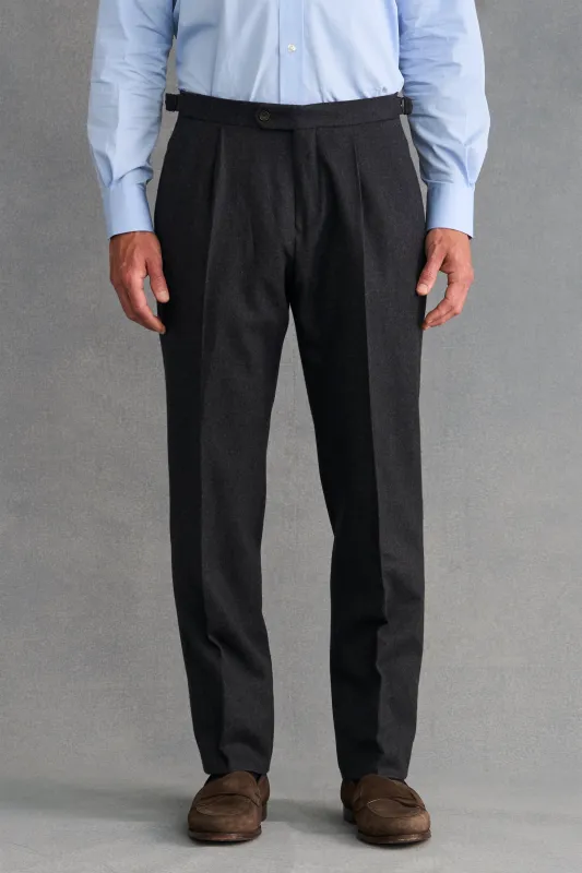 Dark Grey Single Pleat Flannel Trousers sold by New & Lingwood