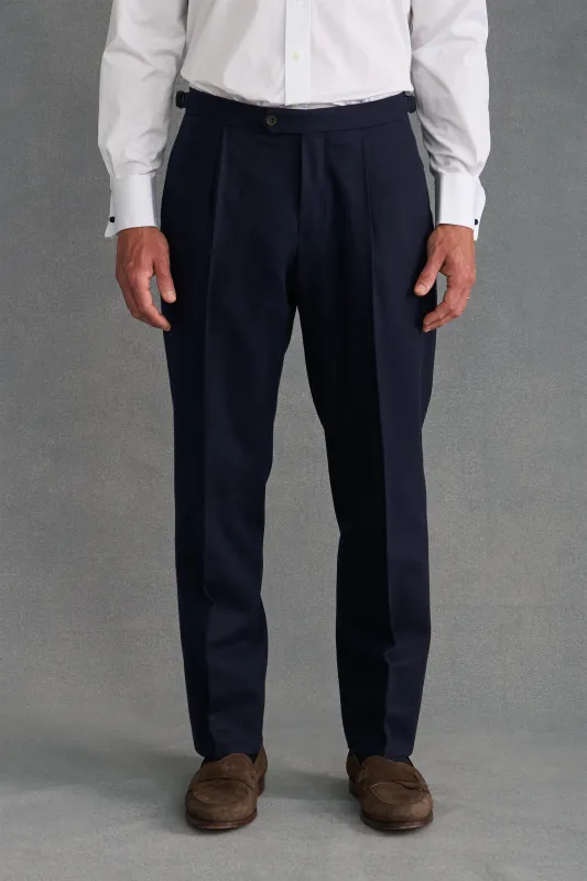 Navy Single Pleat Flannel Trousers sold by New & Lingwood