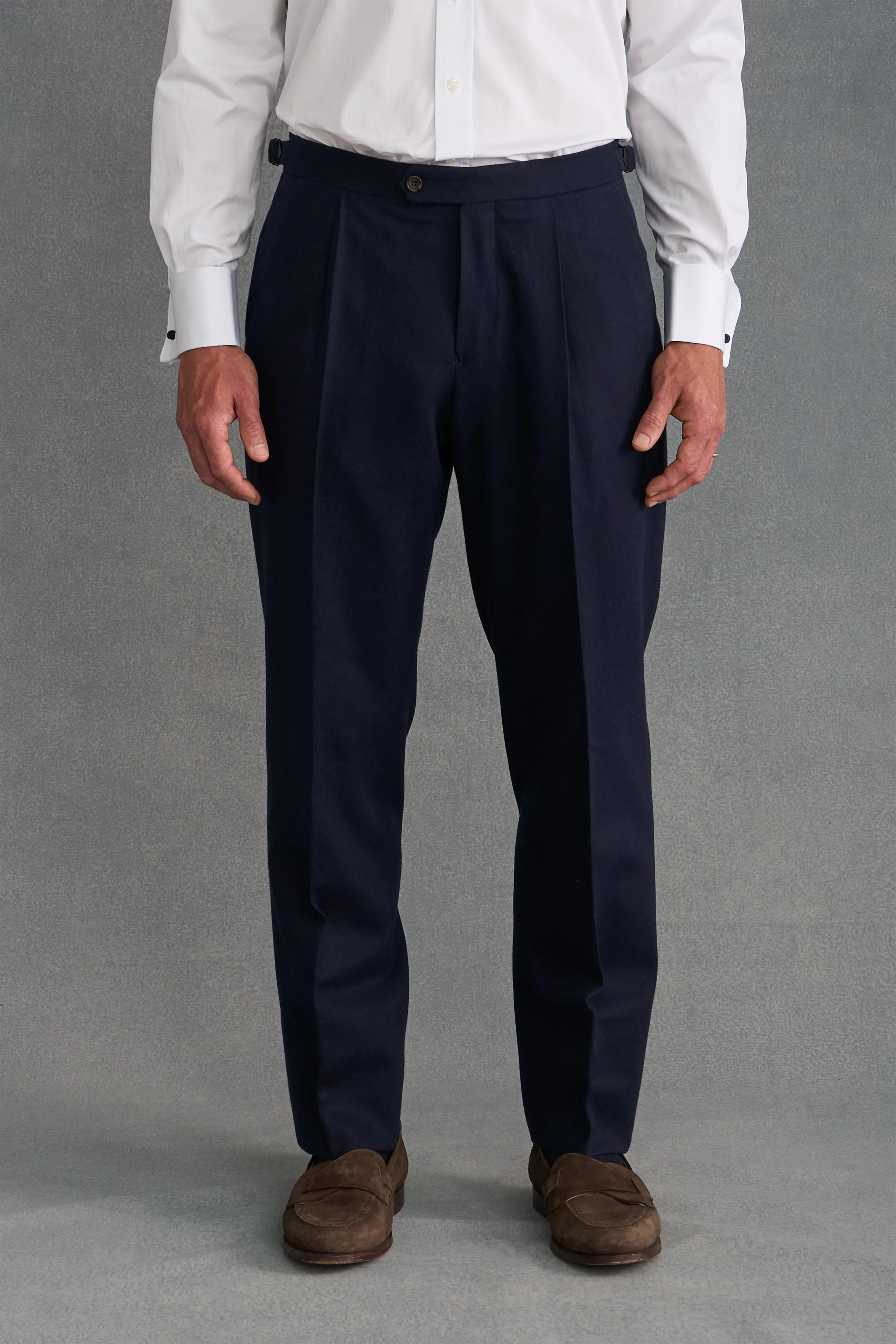 Navy Single Pleat Flannel Trousers sold by New & Lingwood