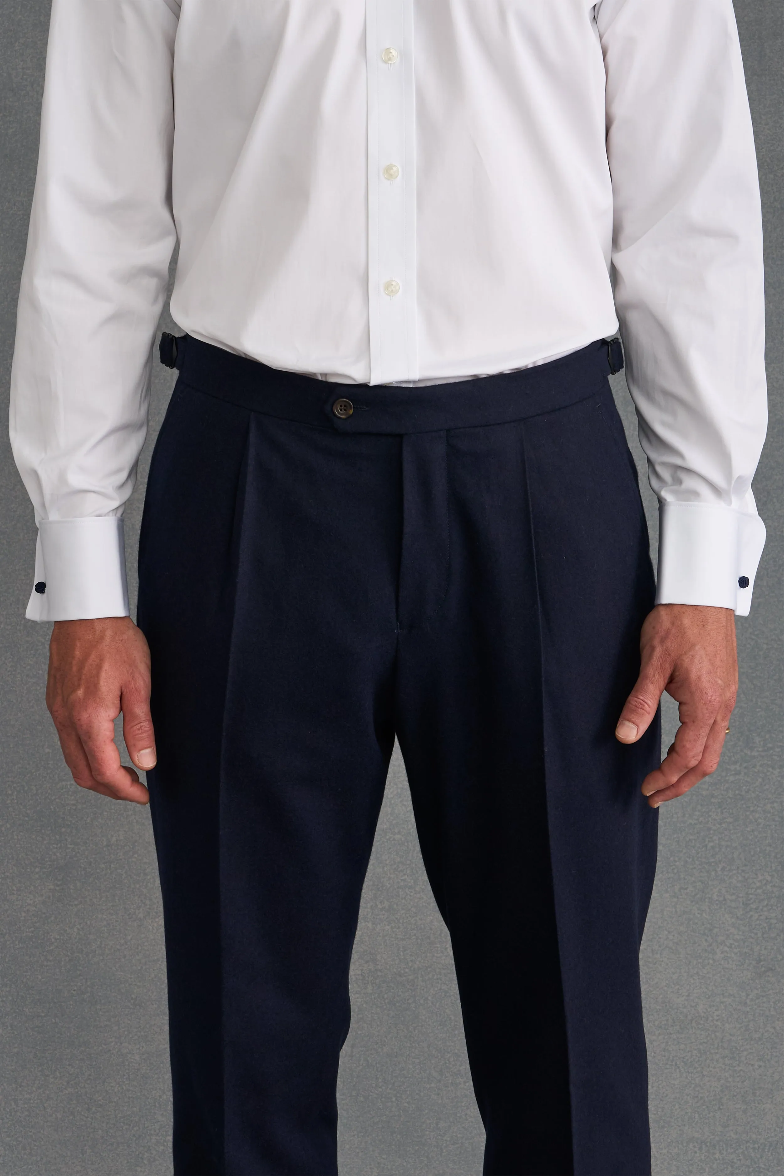 Navy Single Pleat Flannel Trousers sold by New & Lingwood product image thumbnail 2