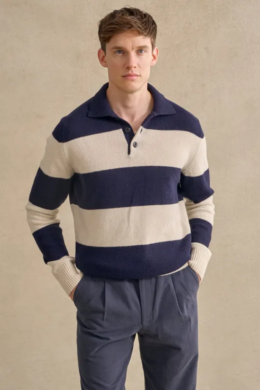 Navy & Cream Stripe Lambswool Knitted Polo sold by New & Lingwood