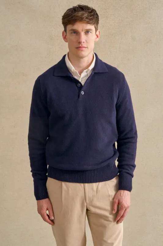 Navy Lambswool Knitted Polo sold by New & Lingwood