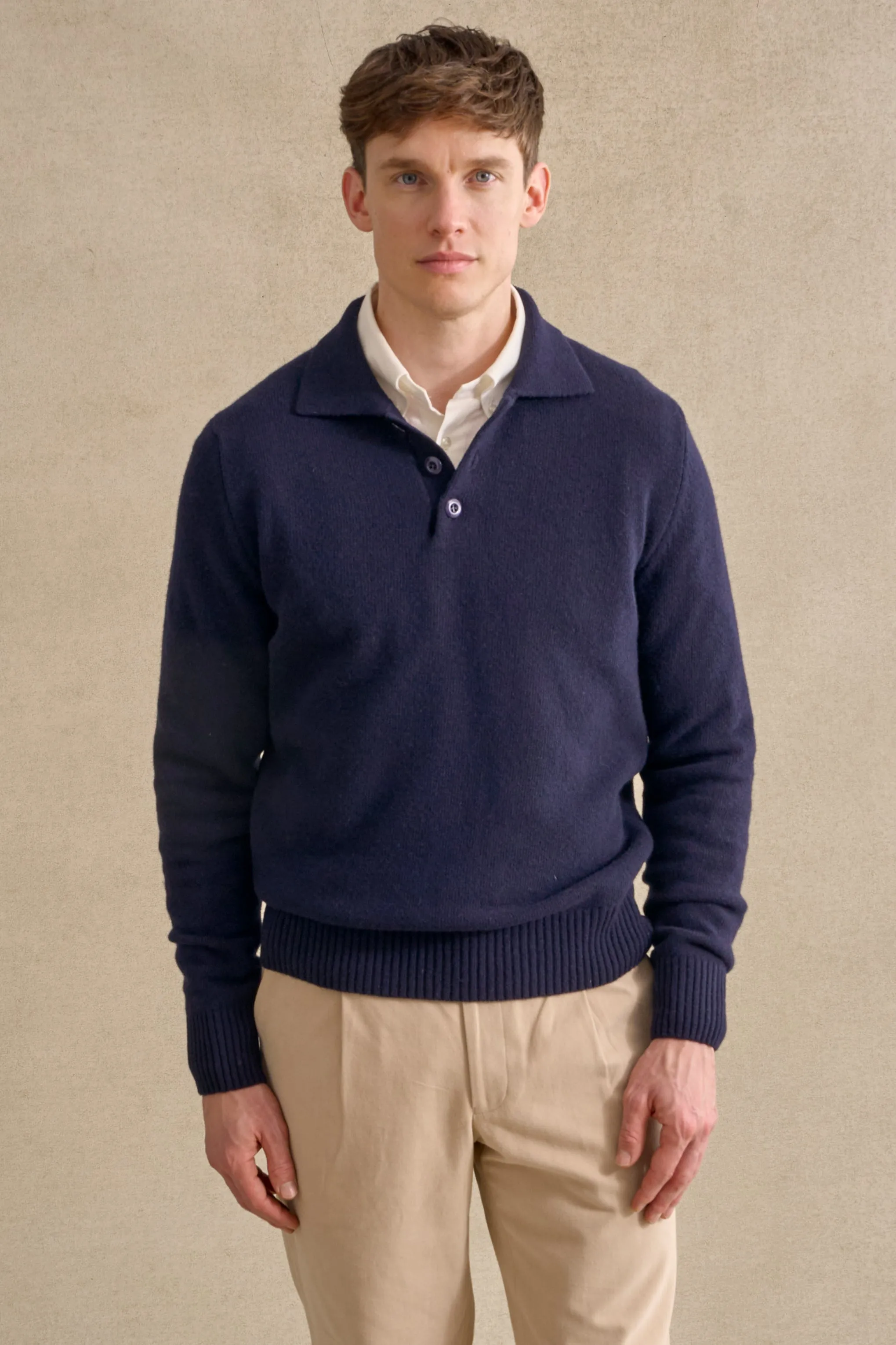 Navy Lambswool Knitted Polo sold by New & Lingwood