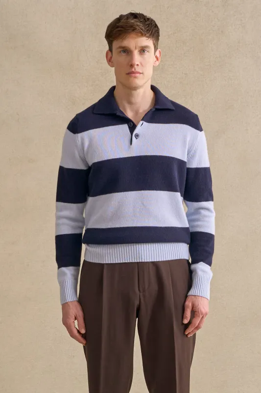Navy & Blue Stripe Lambswool Knitted Polo sold by New & Lingwood