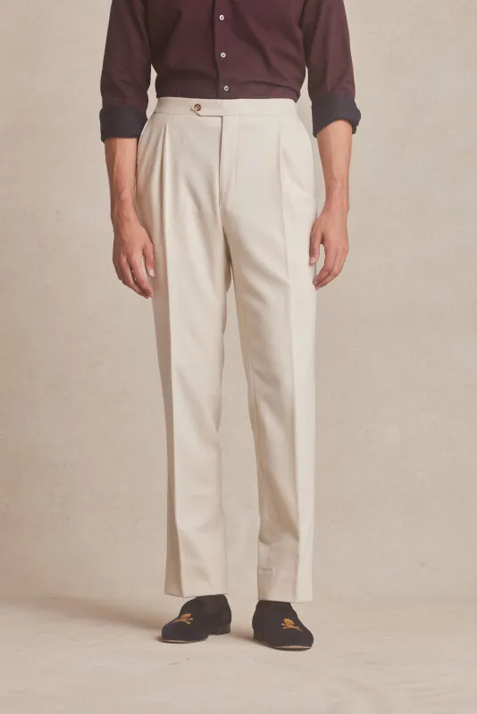 Cream Single Pleat Flannel Trousers sold by New & Lingwood