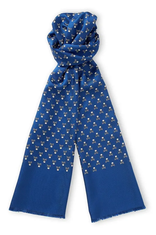 Mid Blue Skull & Crossbones Silk Scarf sold by New & Lingwood