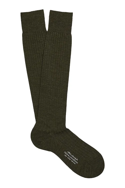 Dark Olive Long Lightweight Wool Socks sold by New & Lingwood