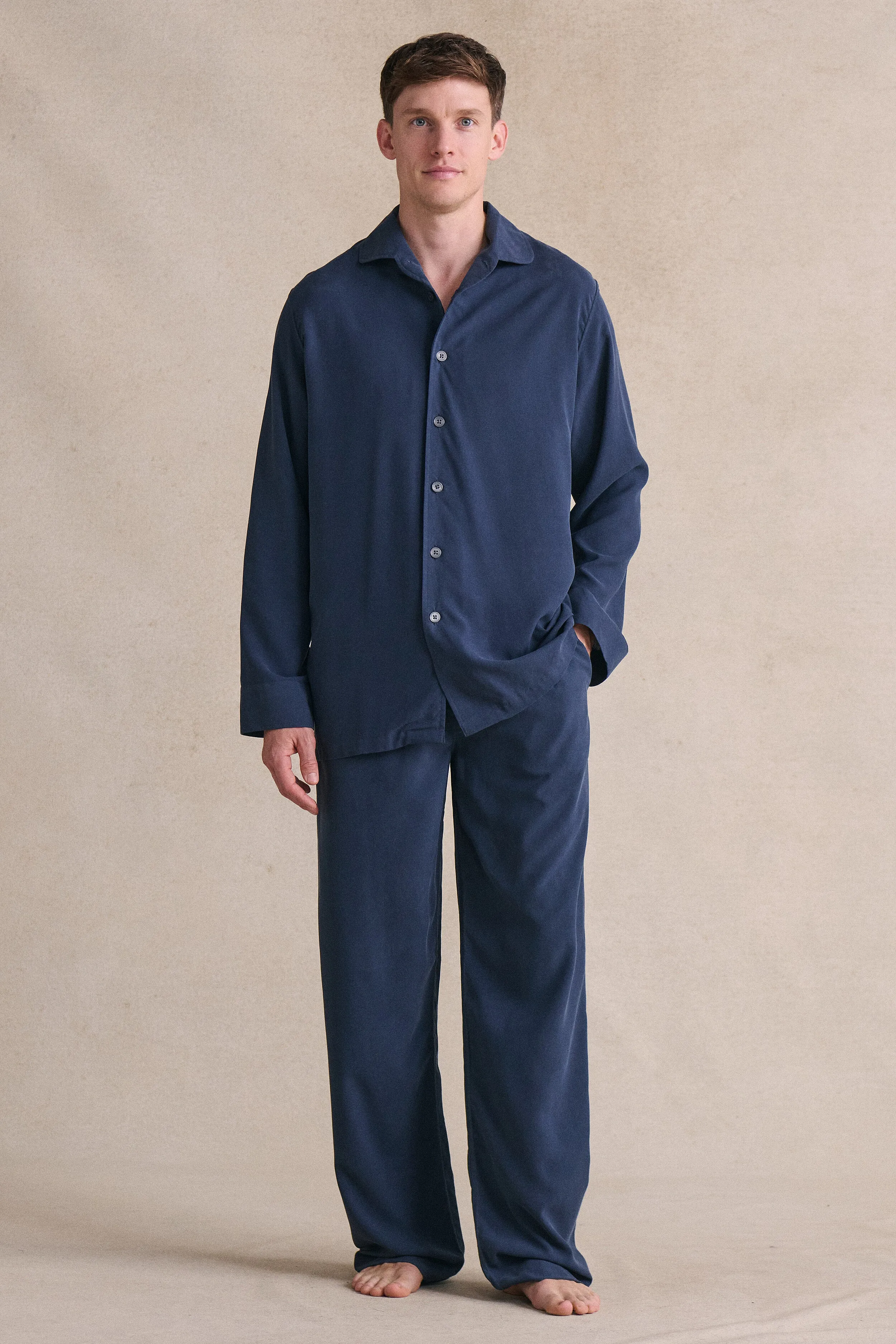 Navy Sandwash Silk Lounge Shirt sold by New & Lingwood product image thumbnail 5