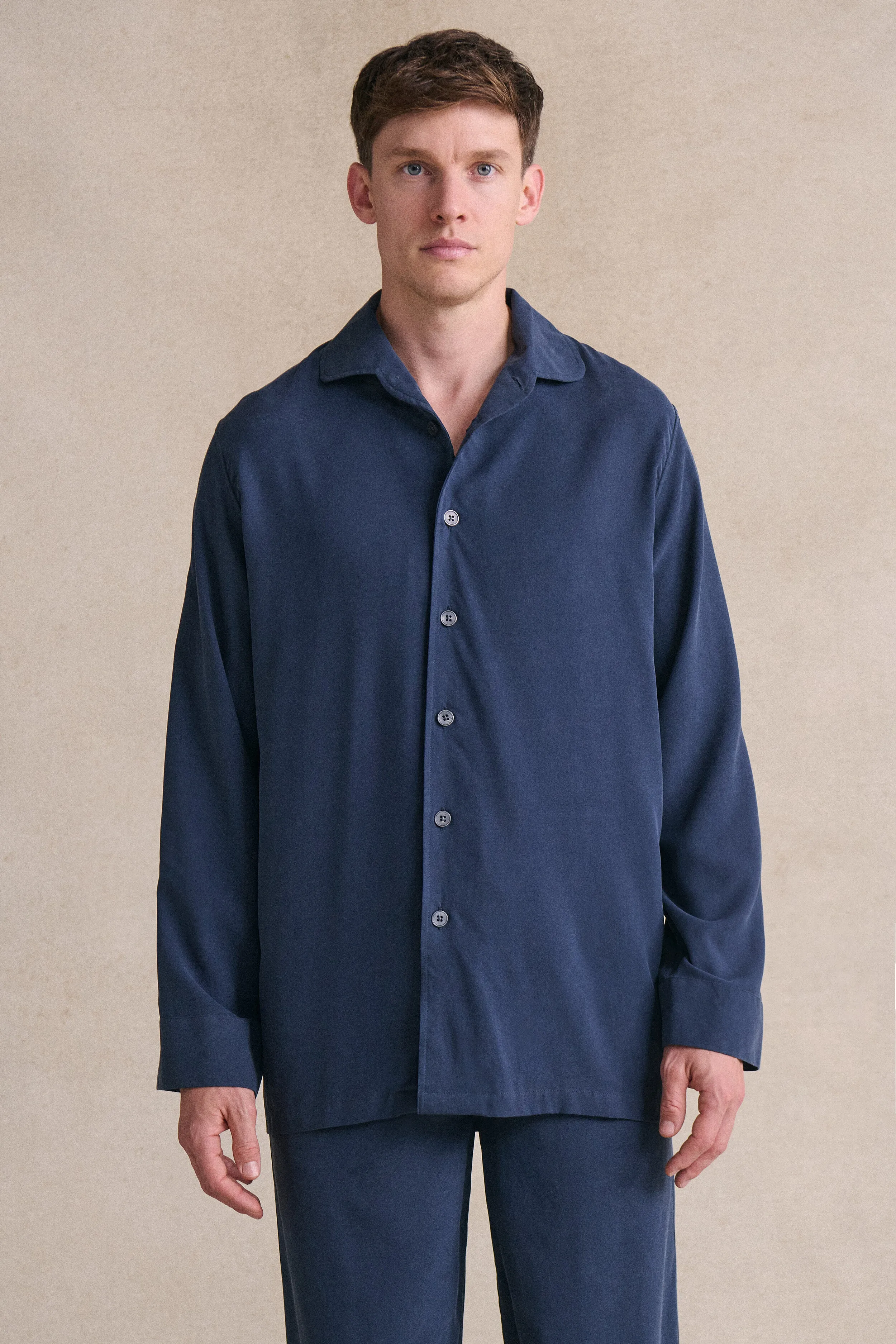 Navy Sandwash Silk Lounge Shirt sold by New & Lingwood product image thumbnail 4