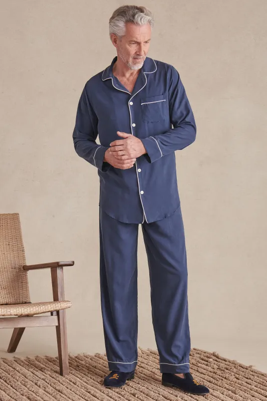 Navy Sandwash Silk Pyjama Set sold by New & Lingwood