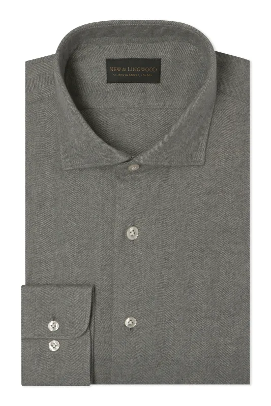 Grey Herringbone Cutaway Collar Standard Fit Flannel Shirt sold by New & Lingwood