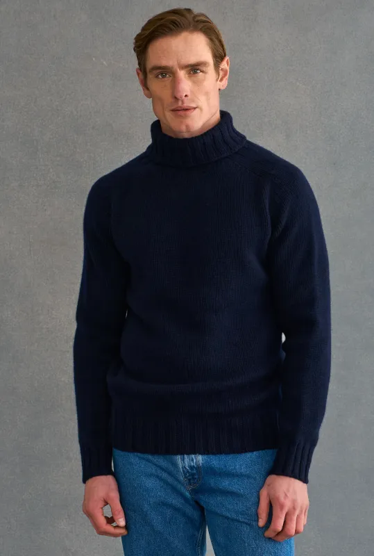 Navy Lambswool Roll Neck Jumper sold by New & Lingwood