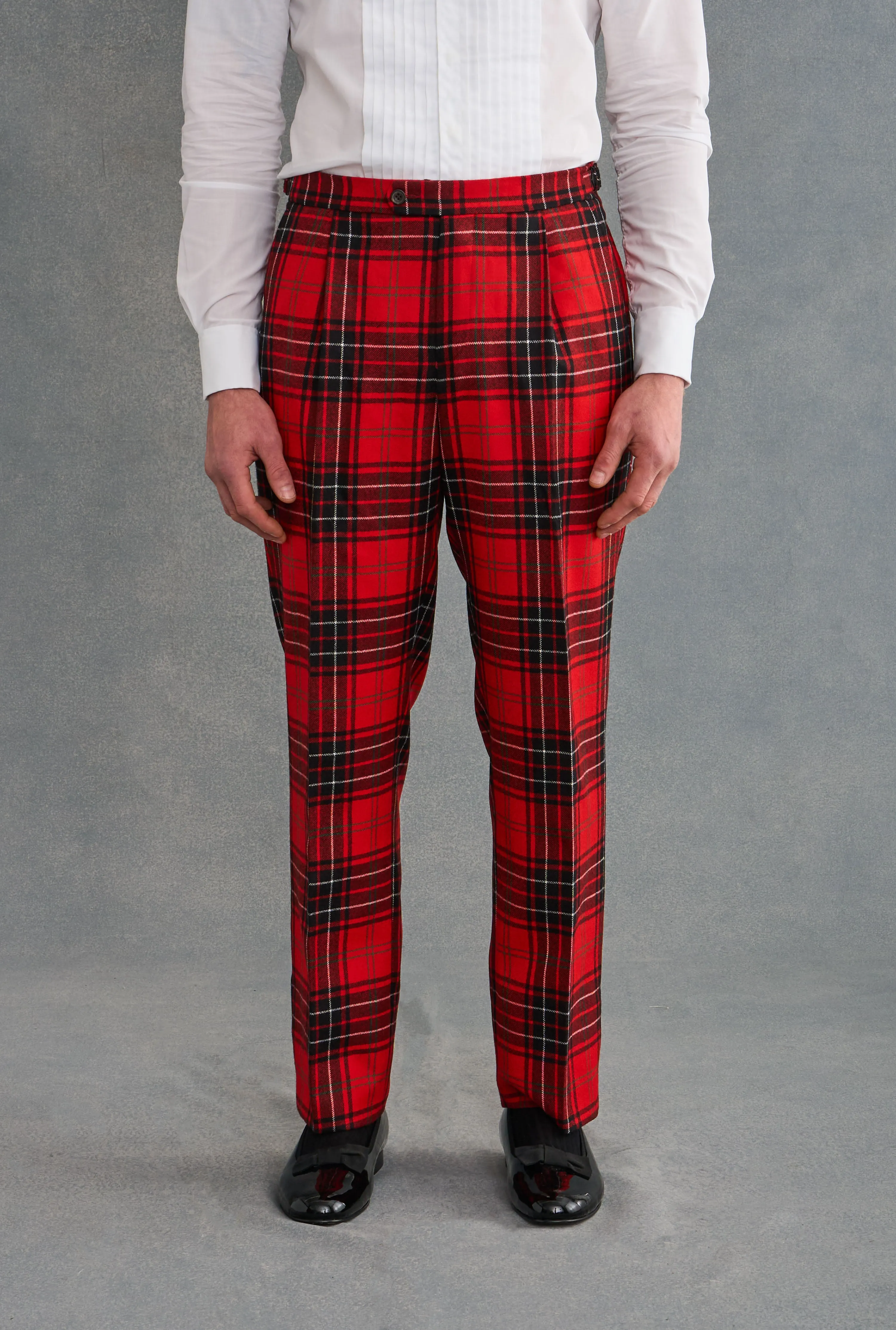 Red Single Pleat Tartan Wool Trousers sold by New & Lingwood