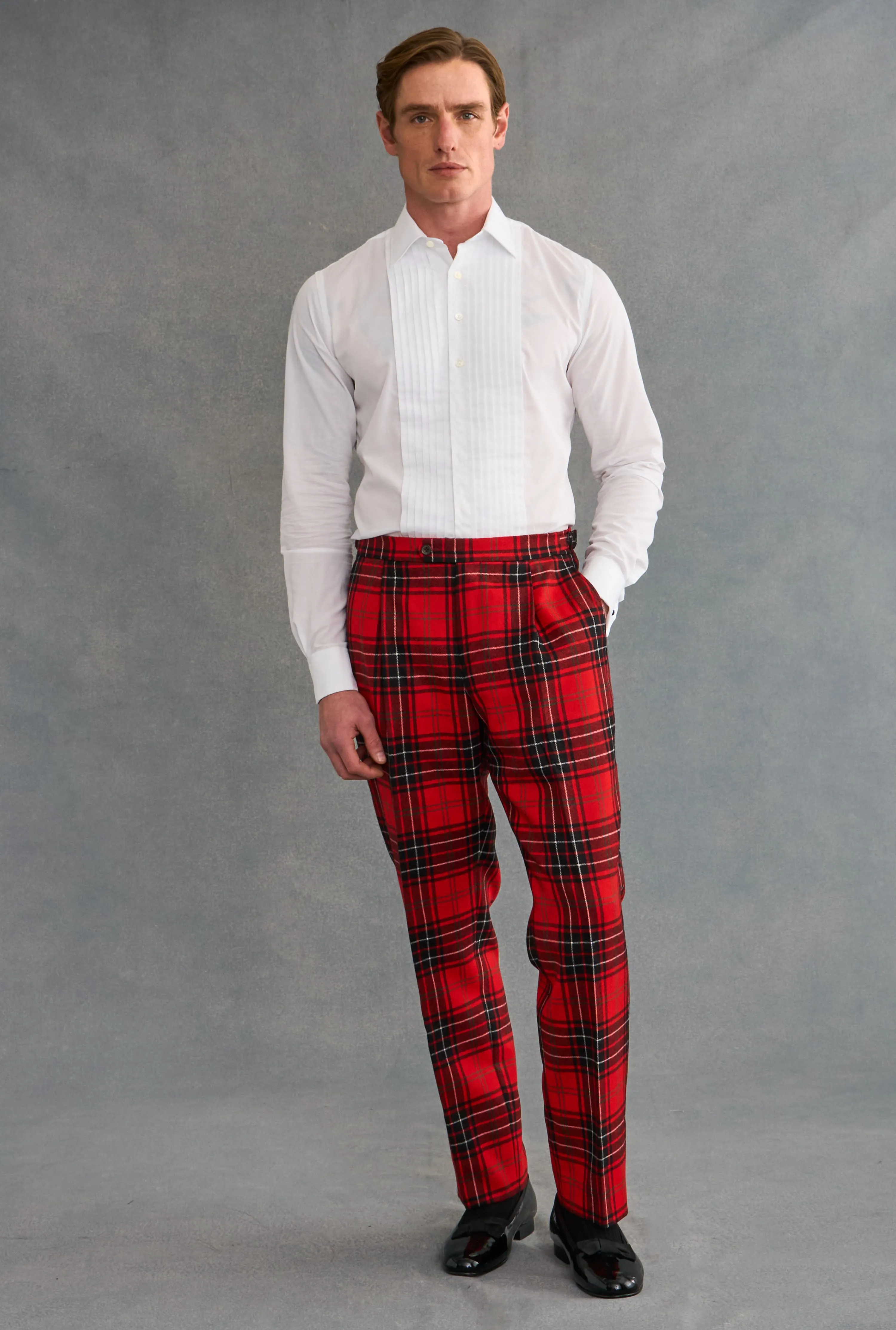 Red Single Pleat Tartan Wool Trousers sold by New & Lingwood product image thumbnail 2