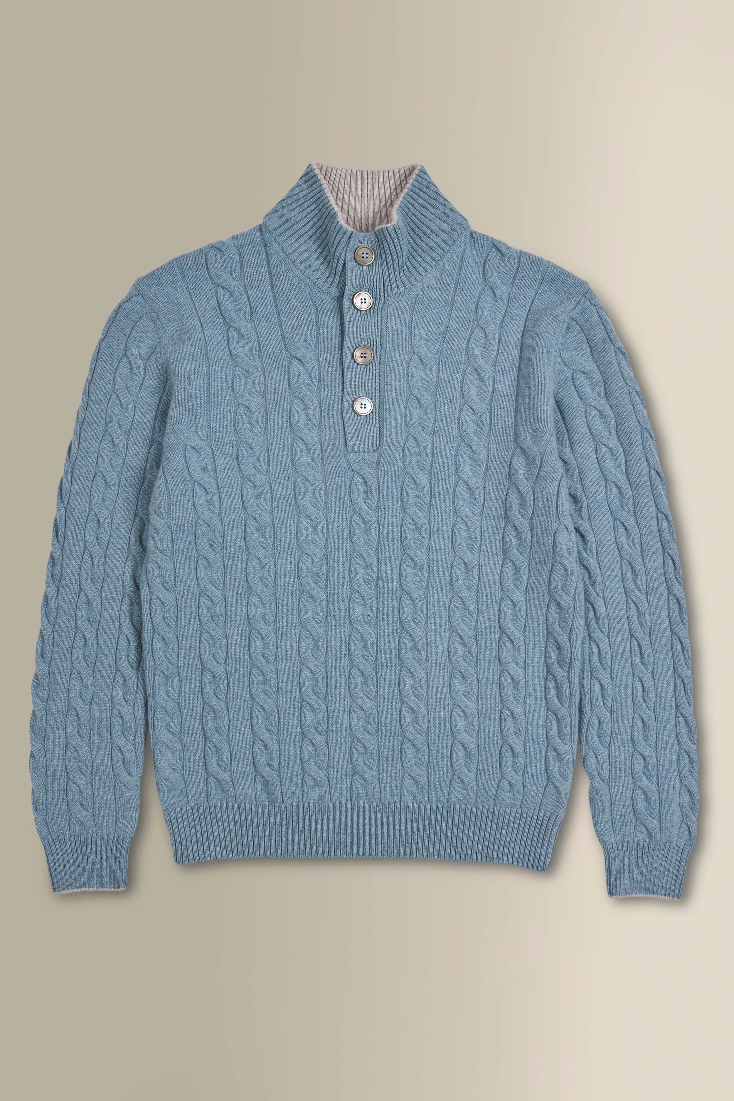 Blue & Grey Button Neck Cable Knit Cashmere Jumper sold by New & Lingwood