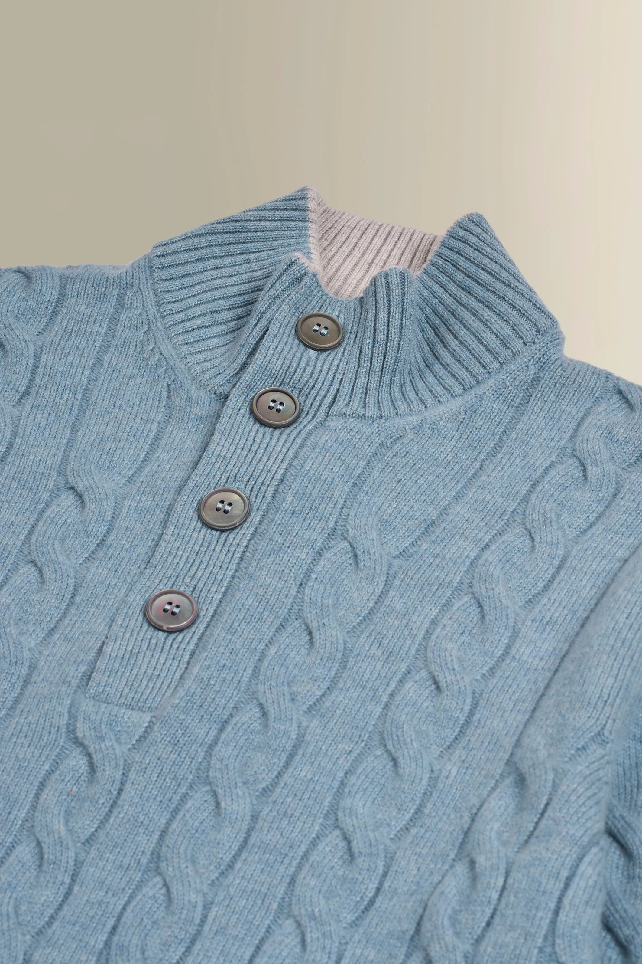 Blue & Grey Button Neck Cable Knit Cashmere Jumper sold by New & Lingwood product image thumbnail 2