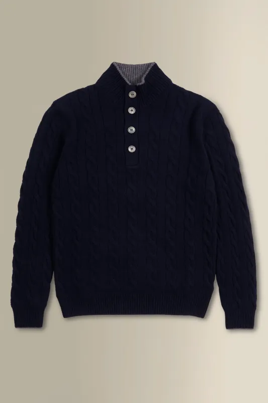 Navy & Grey Button Neck Cable Knit Cashmere Jumper sold by New & Lingwood