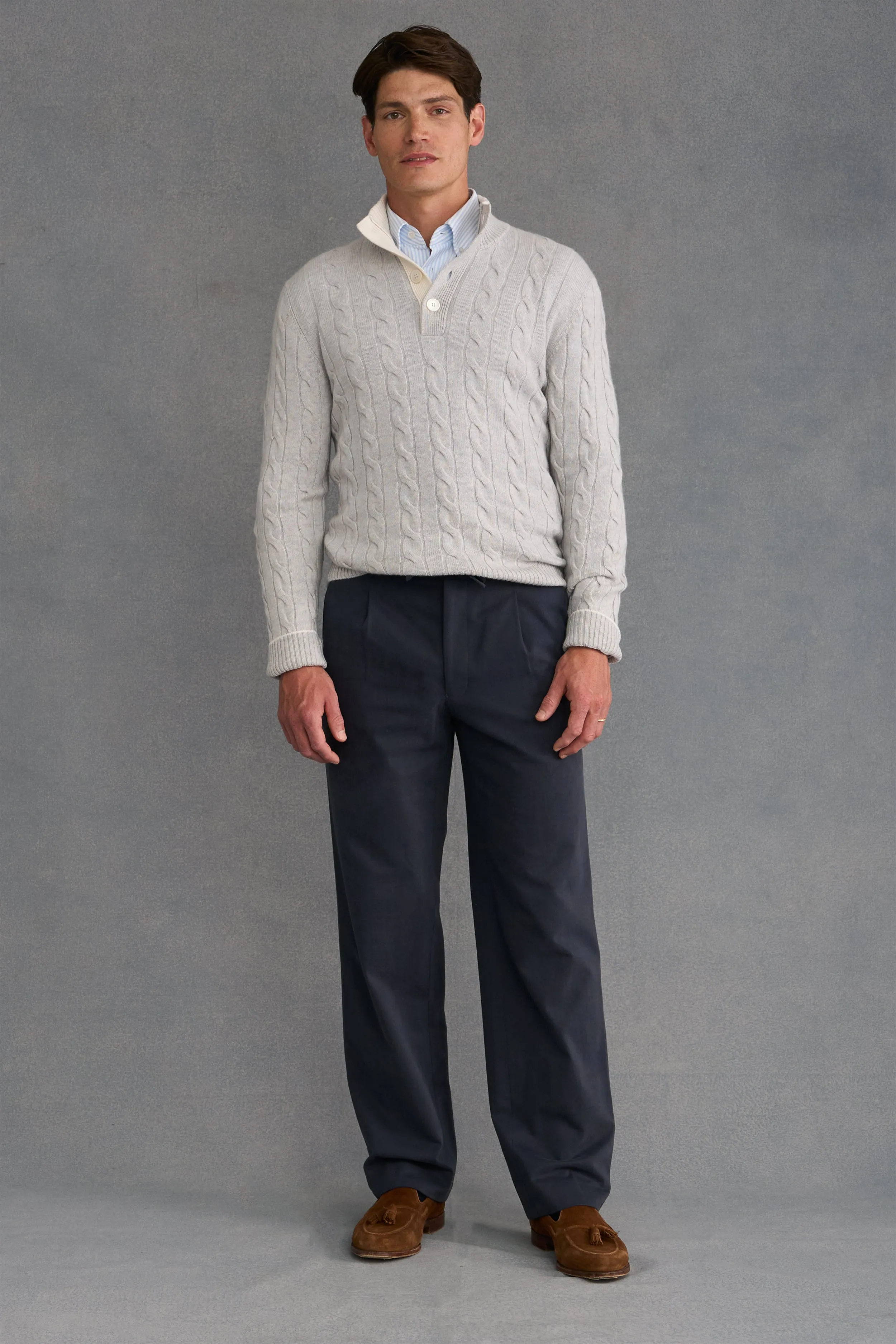 Grey & Cream Button Neck Cable Knit Cashmere Jumper sold by New & Lingwood product image thumbnail 2