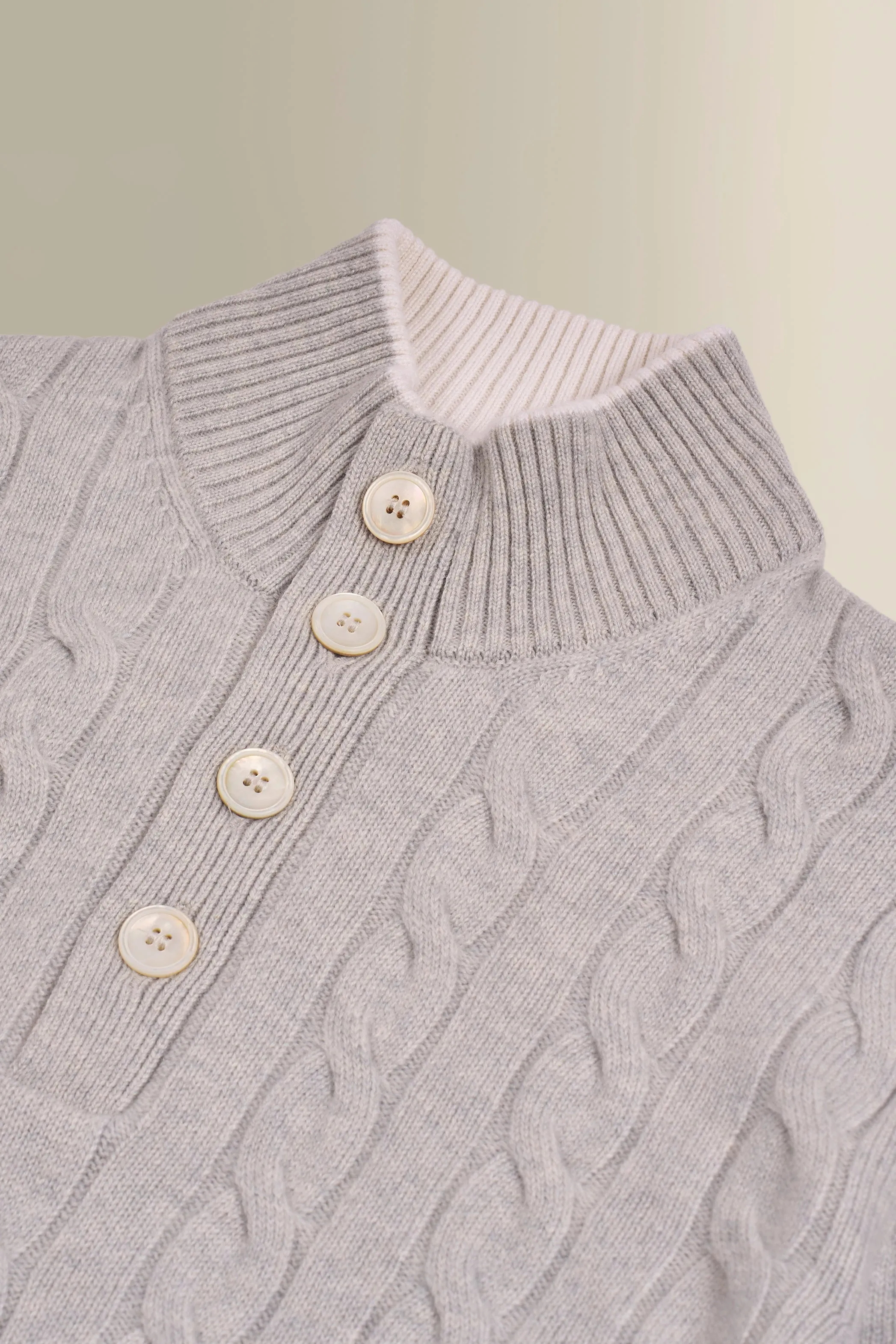 Grey & Cream Button Neck Cable Knit Cashmere Jumper sold by New & Lingwood product image thumbnail 4