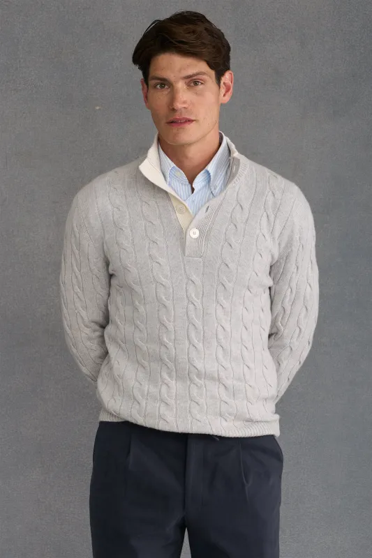 Grey & Cream Button Neck Cable Knit Cashmere Jumper sold by New & Lingwood