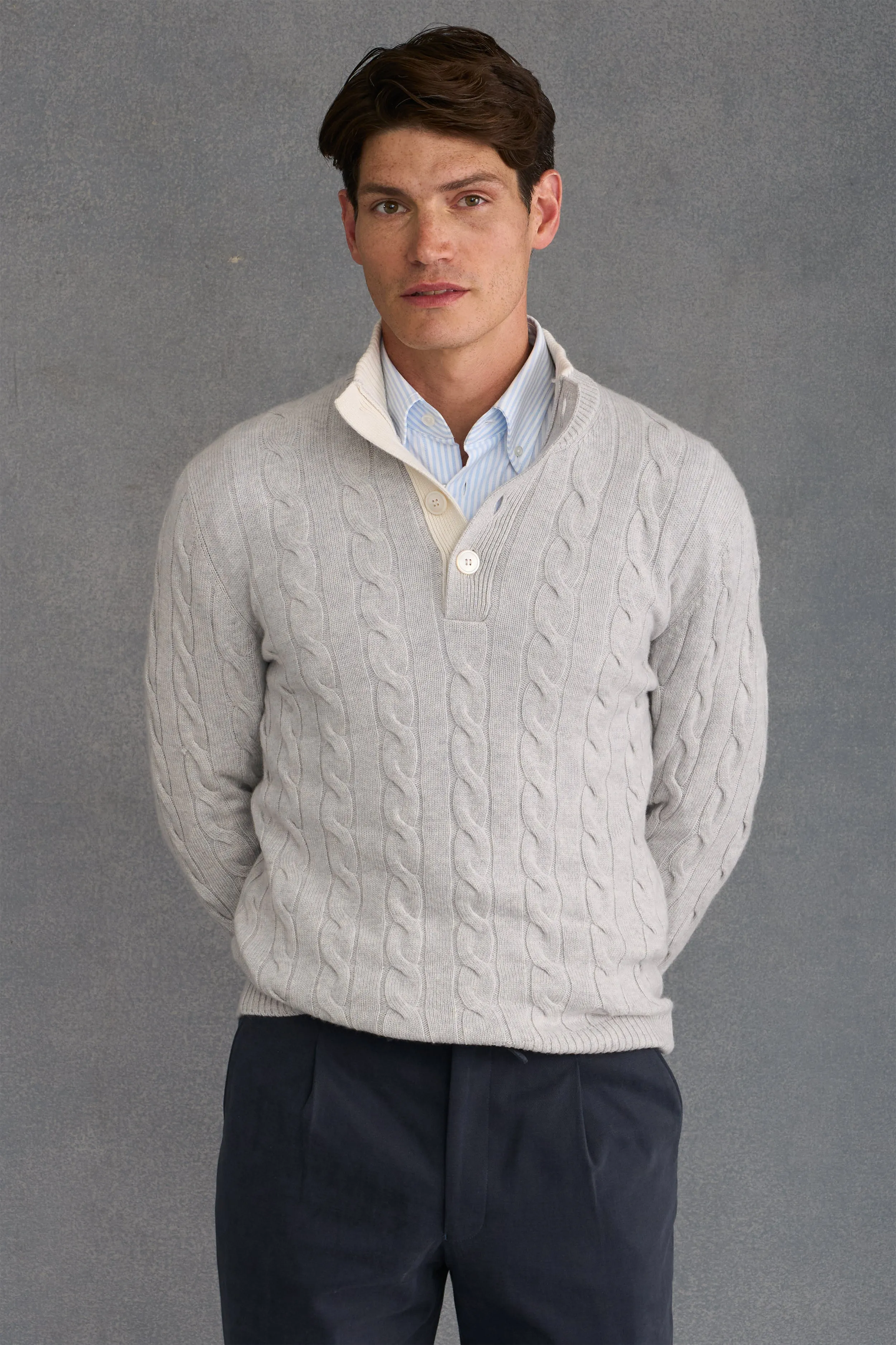 Grey & Cream Button Neck Cable Knit Cashmere Jumper sold by New & Lingwood