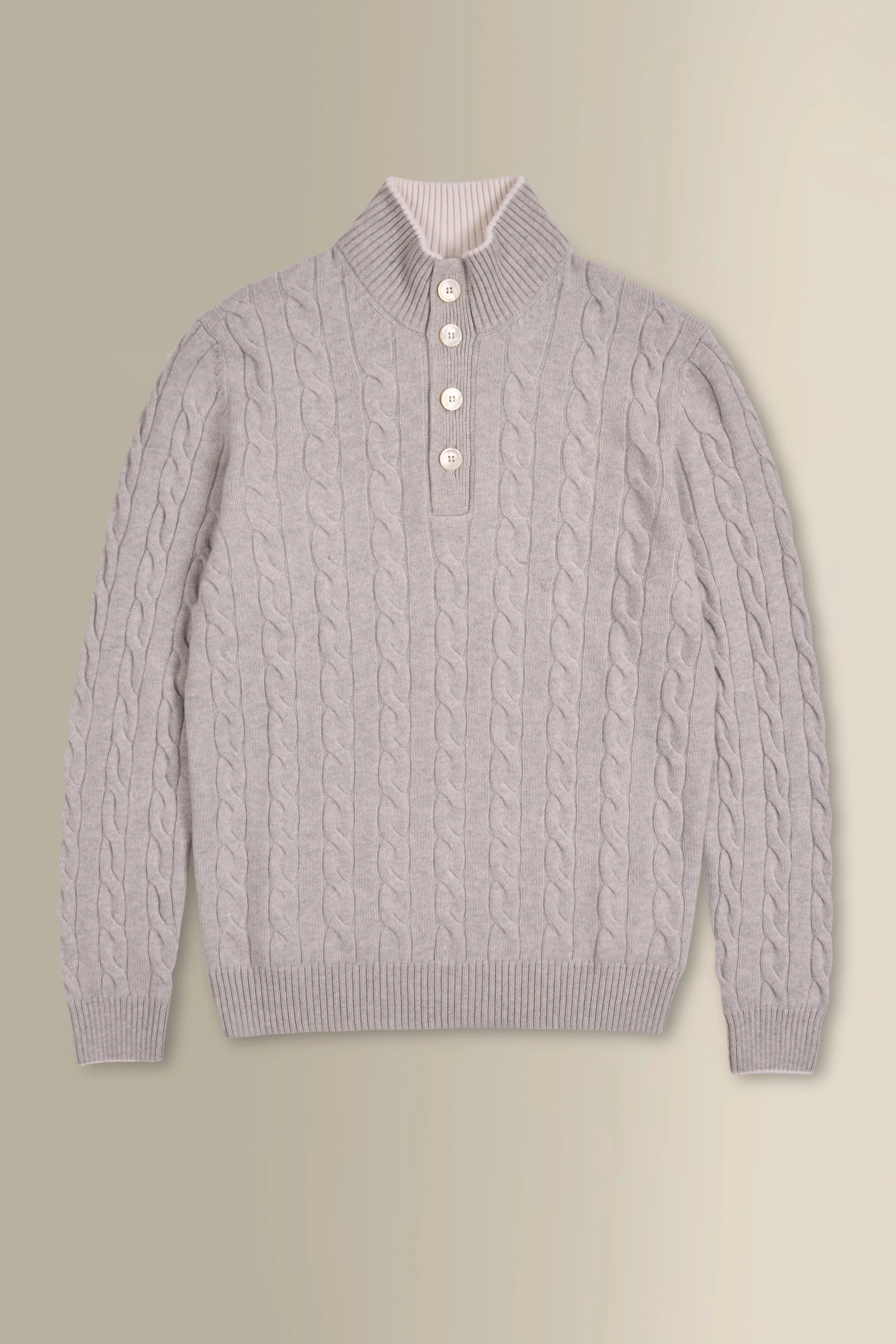 Grey & Cream Button Neck Cable Knit Cashmere Jumper sold by New & Lingwood product image thumbnail 3