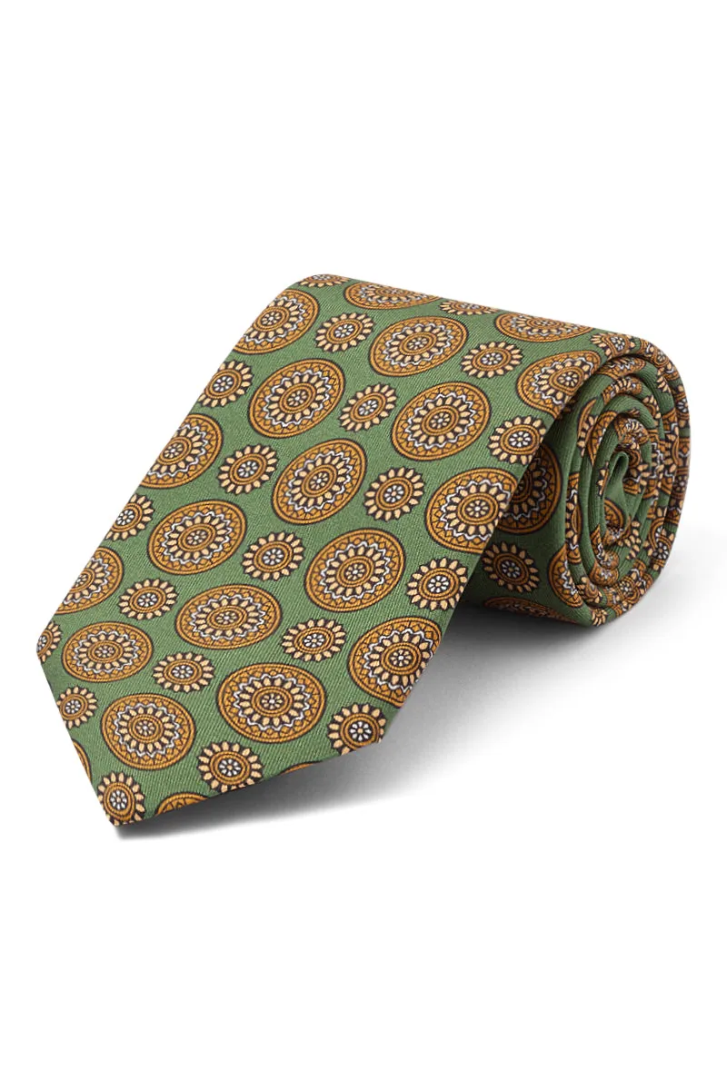 Green Floral Medallion Print Silk Tie sold by New & Lingwood