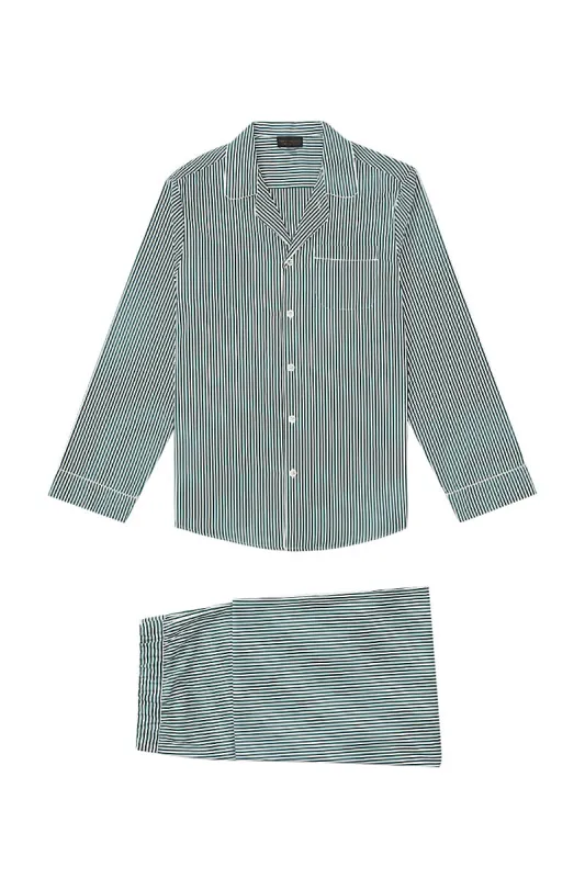 Green & White Bengal Stripe Cotton Pyjama Set sold by New & Lingwood